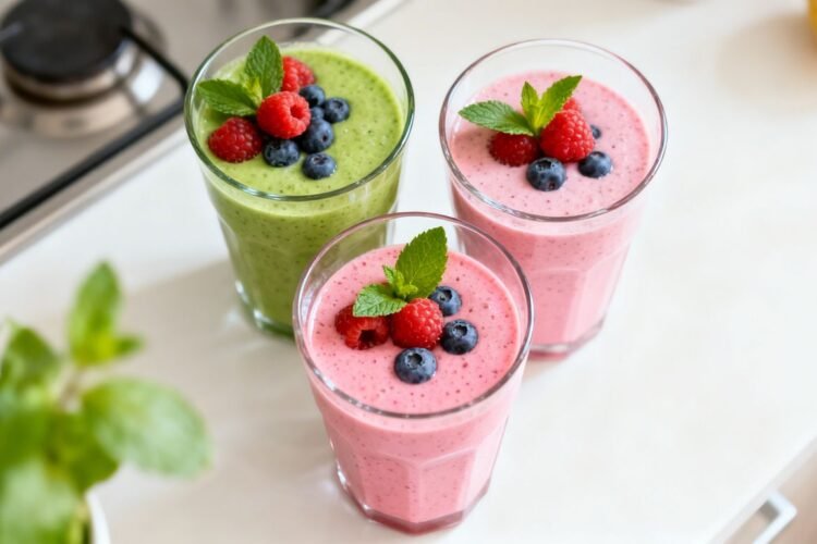 Healthy breakfast smoothies with fresh fruit garnishes.