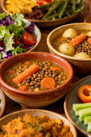 Assortment of delicious vegetarian meals for breakfast, lunch, and dinner.