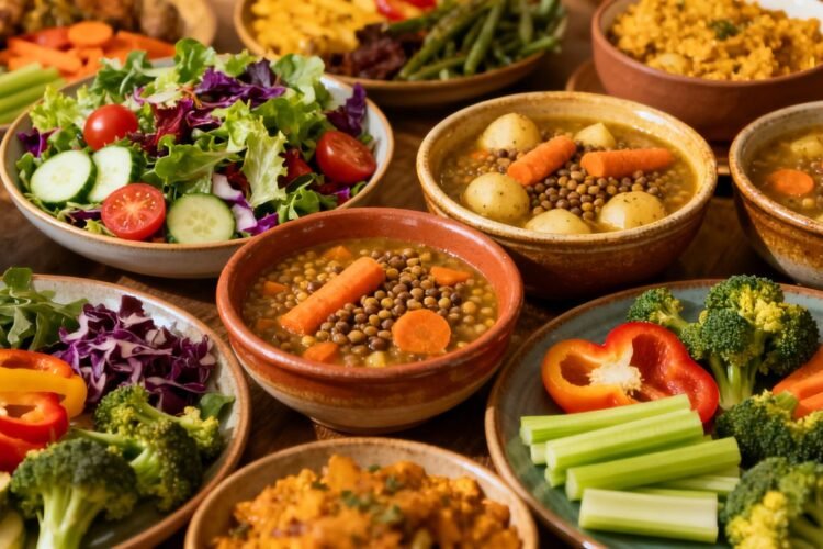 Assortment of delicious vegetarian meals for breakfast, lunch, and dinner.