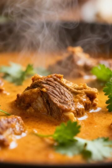 Tender Crock Pot lamb curry with cilantro garnish.
