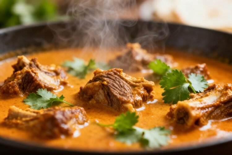 Tender Crock Pot lamb curry with cilantro garnish.