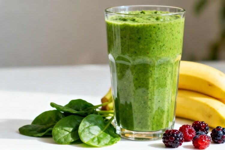 Healthy green smoothie with fresh fruits and spinach.