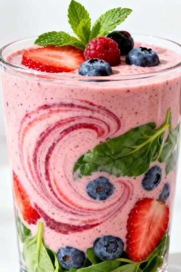 Healthy fruit smoothie with berries and spinach