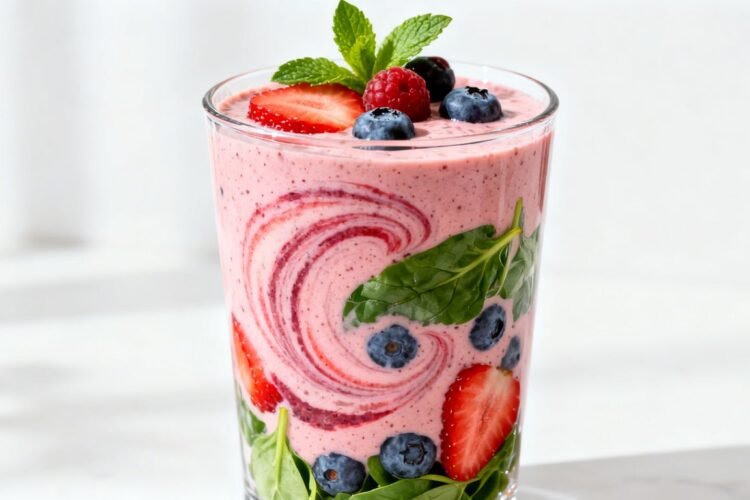 Healthy fruit smoothie with berries and spinach