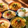 Healthy Indian breakfast dishes like poha, idli, and upma.