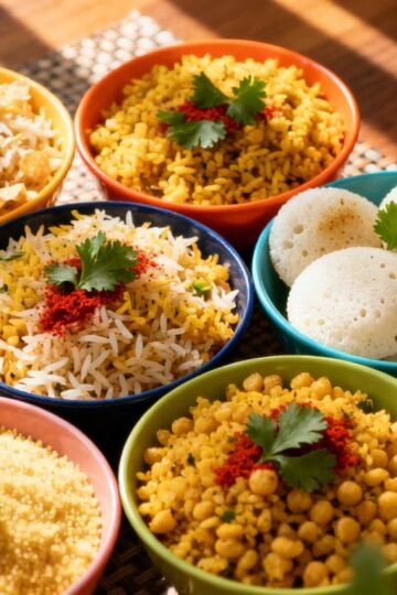 Healthy Indian breakfast dishes like poha, idli, and upma.