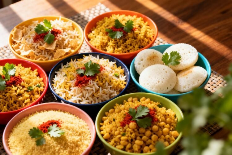 Healthy Indian breakfast dishes like poha, idli, and upma.