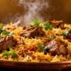 Steaming plate of Meghana Biryani with rice and spices.