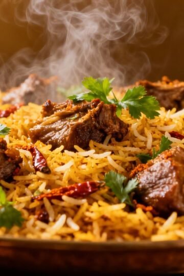 Steaming plate of Meghana Biryani with rice and spices.