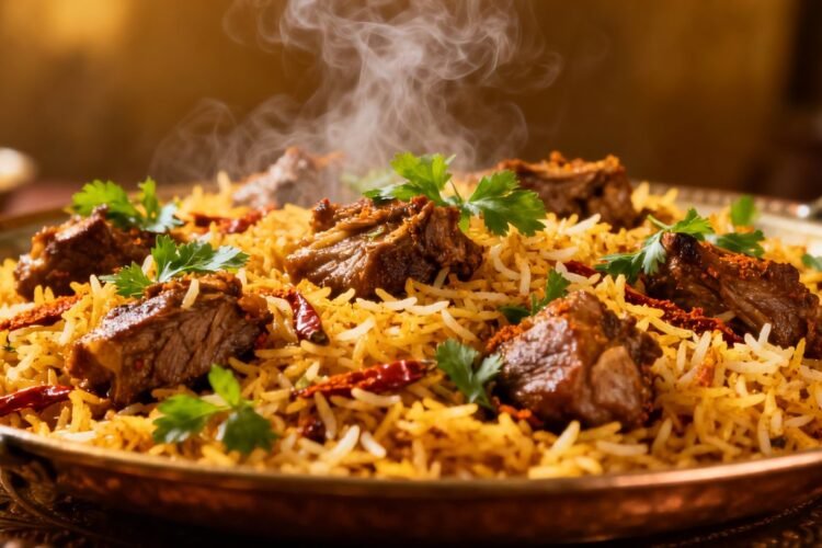 Steaming plate of Meghana Biryani with rice and spices.