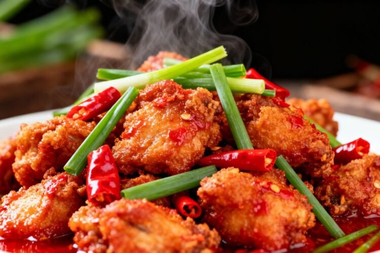 Authentic Chinese Chilli Chicken dish with garnishes.