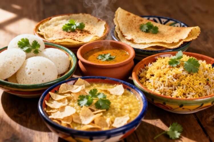 Assortment of Indian vegetarian breakfast dishes.