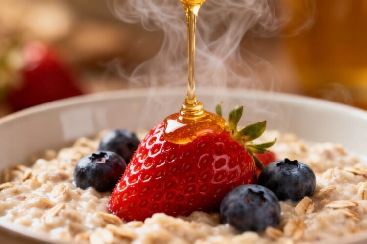 Healthy oatmeal with berries and honey