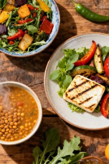 Colorful vegetarian dishes on a rustic wooden table.