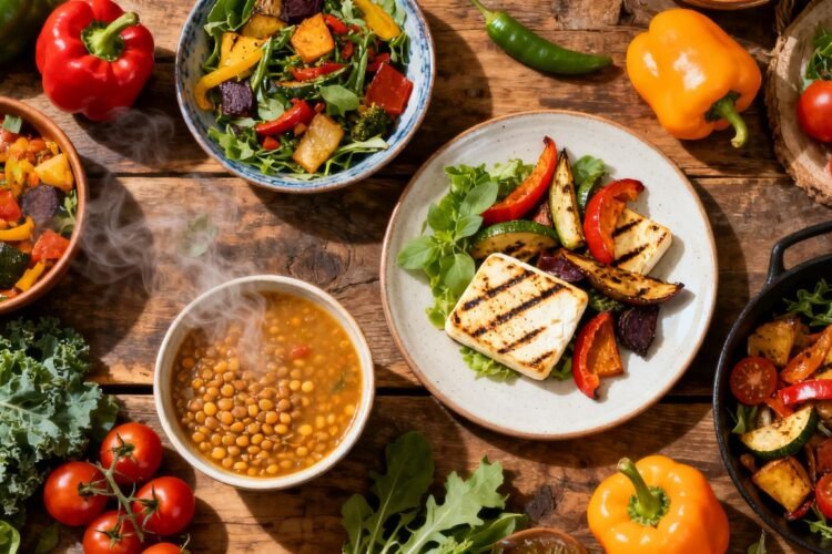 Colorful vegetarian dishes on a rustic wooden table.