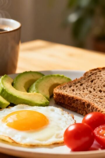 Healthy egg breakfast with toast, avocado, tomatoes, coffee