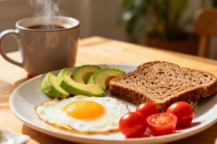 Healthy egg breakfast with toast, avocado, tomatoes, coffee