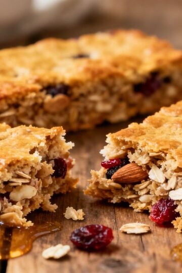 Healthy homemade breakfast bars with oats and fruit.