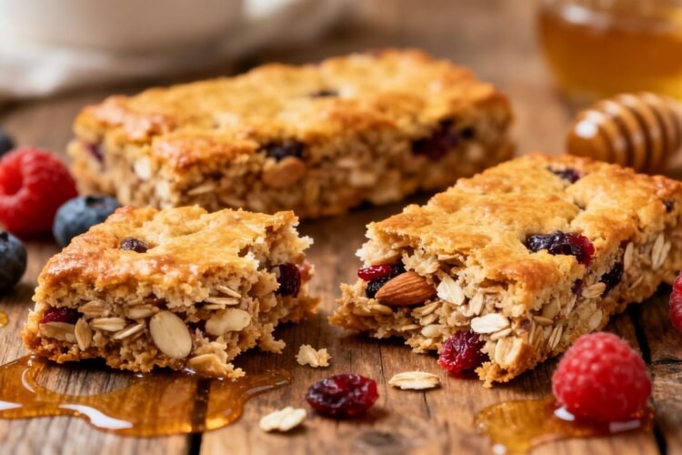 Healthy homemade breakfast bars with oats and fruit.