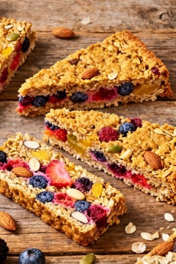 Healthy homemade breakfast bars with fruit and oats.