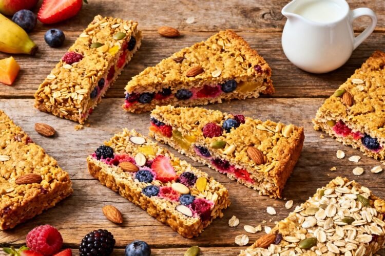 Healthy homemade breakfast bars with fruit and oats.