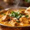 Rich and creamy Chicken Mughlai curry with naan.