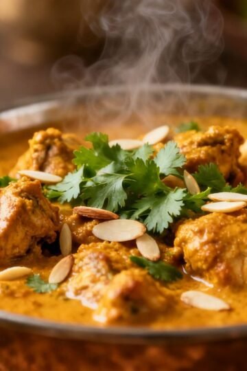 Rich and creamy Chicken Mughlai curry with naan.