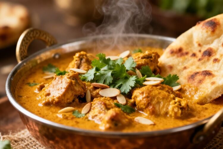 Rich and creamy Chicken Mughlai curry with naan.