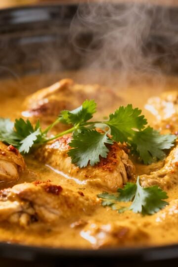 Slow cooker chicken curry in a bowl with cilantro.