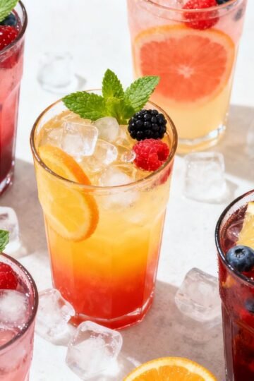 Assorted colorful mocktails with fresh fruit garnishes.