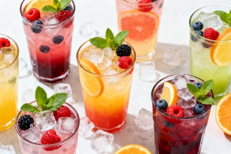 Assorted colorful mocktails with fresh fruit garnishes.