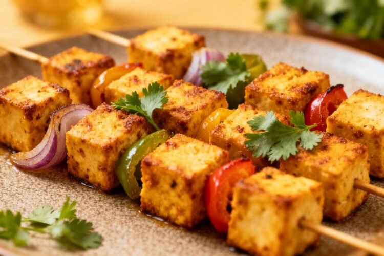 Paneer tikka appetizer on a platter