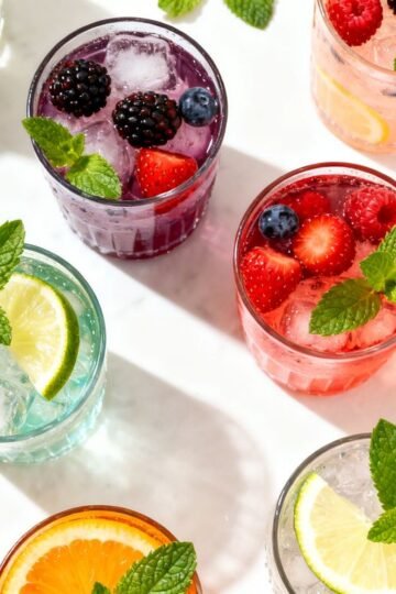 Colorful mocktails with fresh garnishes on a bright surface.