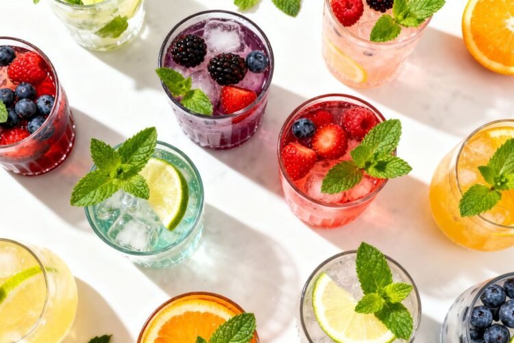 Colorful mocktails with fresh garnishes on a bright surface.
