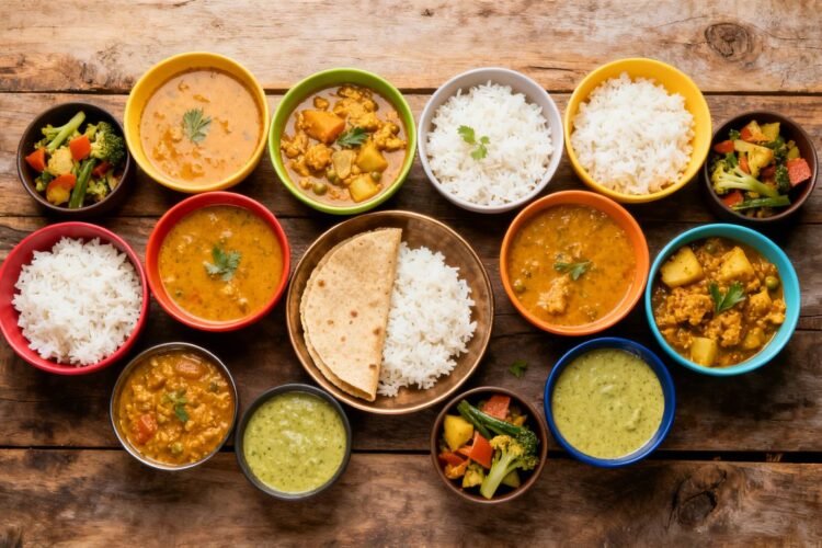South Indian meal prep bowls with colorful curries and rice.