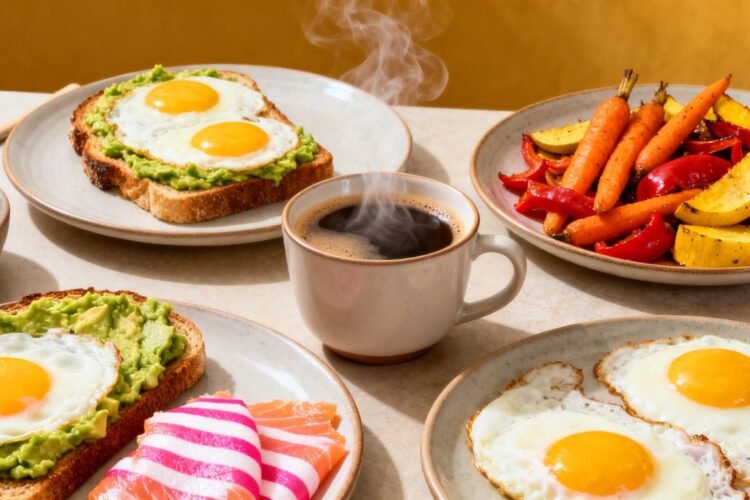 Various delicious egg dishes and breakfast sides.