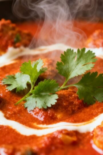 Delicious Indian chicken gravy with cilantro garnish.