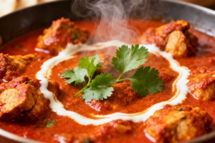 Delicious Indian chicken gravy with cilantro garnish.