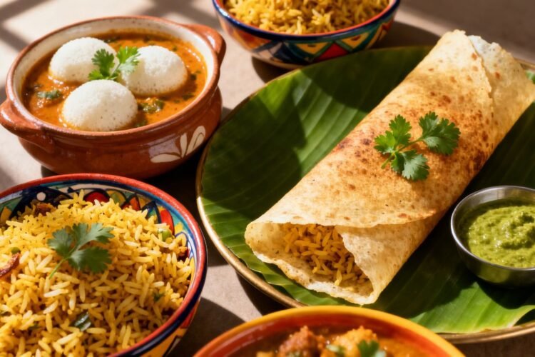 Healthy Indian breakfast dishes with vibrant colors and garnishes.