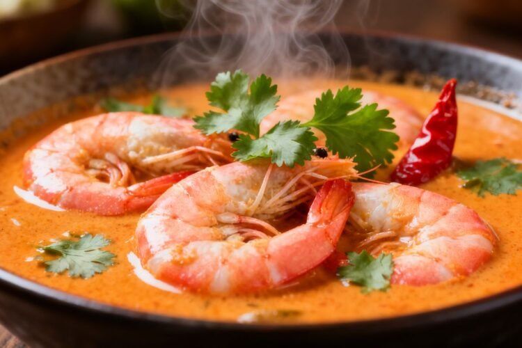 Goan shrimp curry in a bowl with cilantro