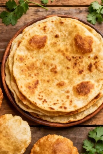 Assortment of Indian flatbreads like roti, puri, and paratha.