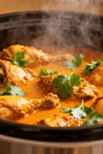 Slow cooker Indian curry chicken with cilantro garnish.