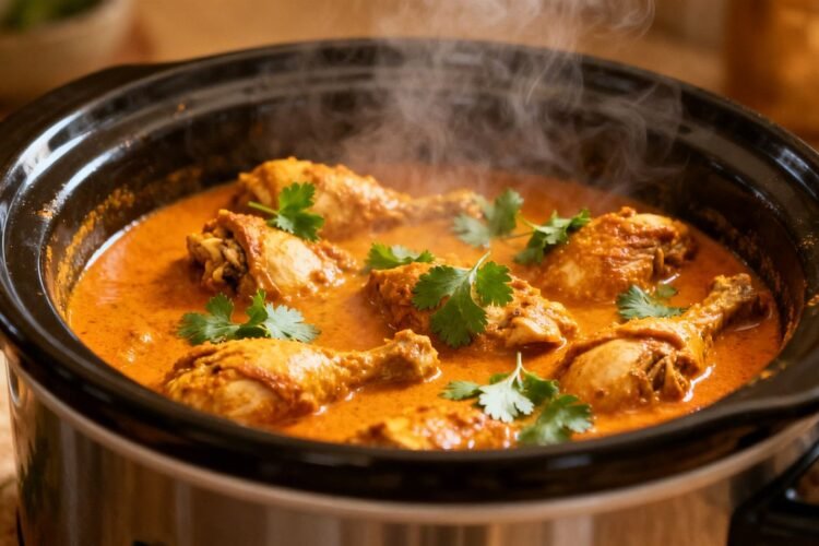 Slow cooker Indian curry chicken with cilantro garnish.