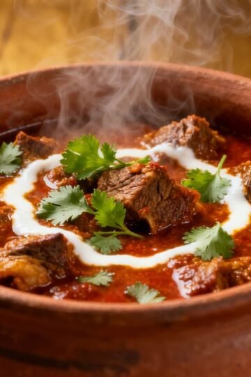 Authentic Indian mutton curry in a clay pot.