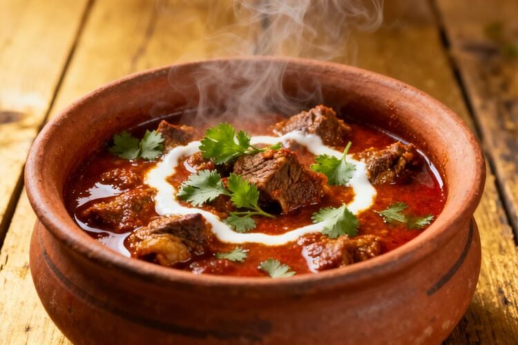 Authentic Indian mutton curry in a clay pot.