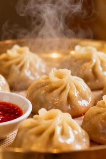 Steaming momos with chili sauce, a delicious dumpling dish.
