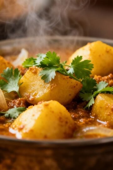 Bowl of Aloo Pyaz Sabzi with potatoes and onions.