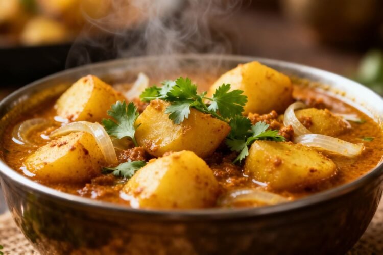 Bowl of Aloo Pyaz Sabzi with potatoes and onions.