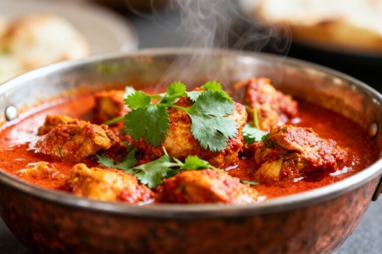 Authentic Indian chicken curry with spices and cilantro.