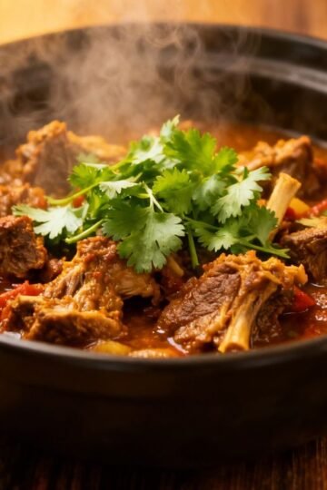Slow cooker lamb curry with cilantro garnish.